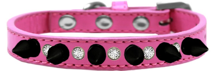 Crystal and Black Spikes Dog Collar Bright Pink Size 16